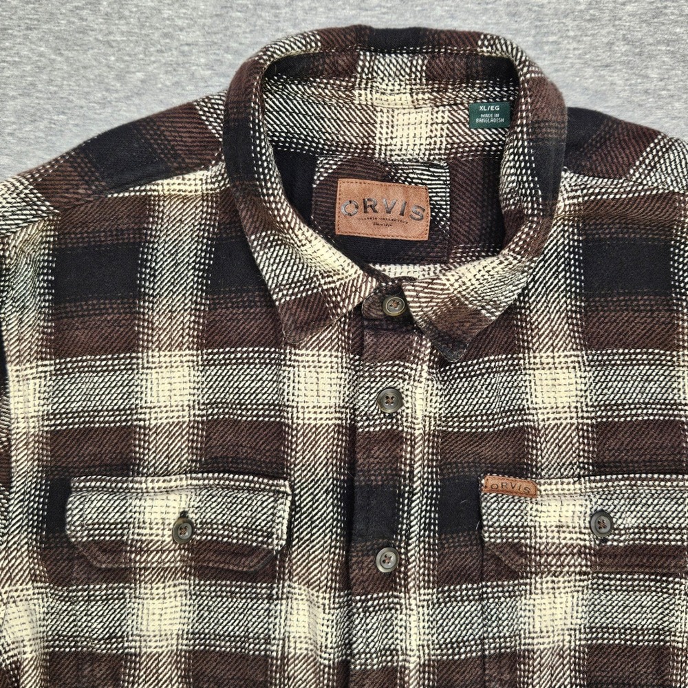 Orvis Mens XL Brown Plaid Flannel Button Down Shacket Shirt 100% Cotton 1312517